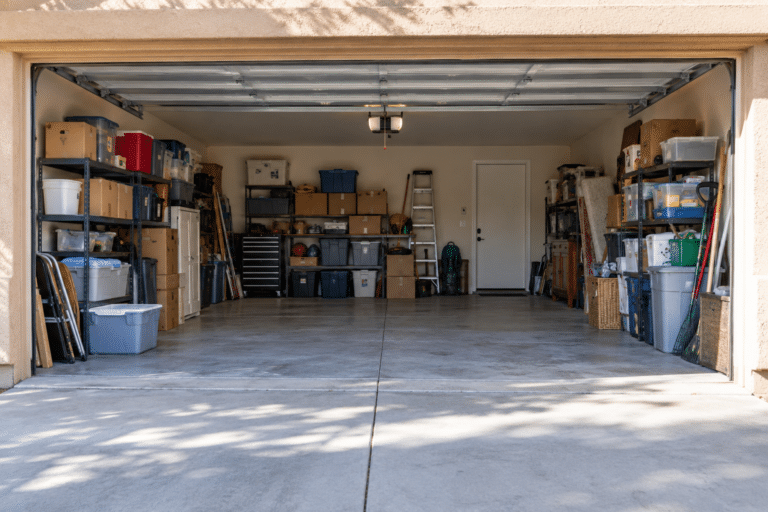 Open garage with boxes and stored belongings