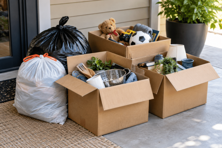 Household items and bags gathered for removal