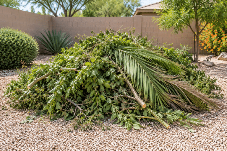 Cut branches and palm fronds ready for yard debris pickup